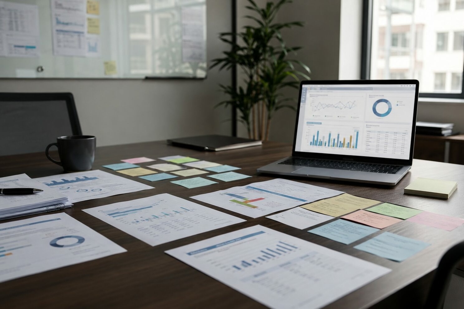 Réunion de pilotage des achats médias recrutement dans une organisation multi-sites avec tableau de bord RH.