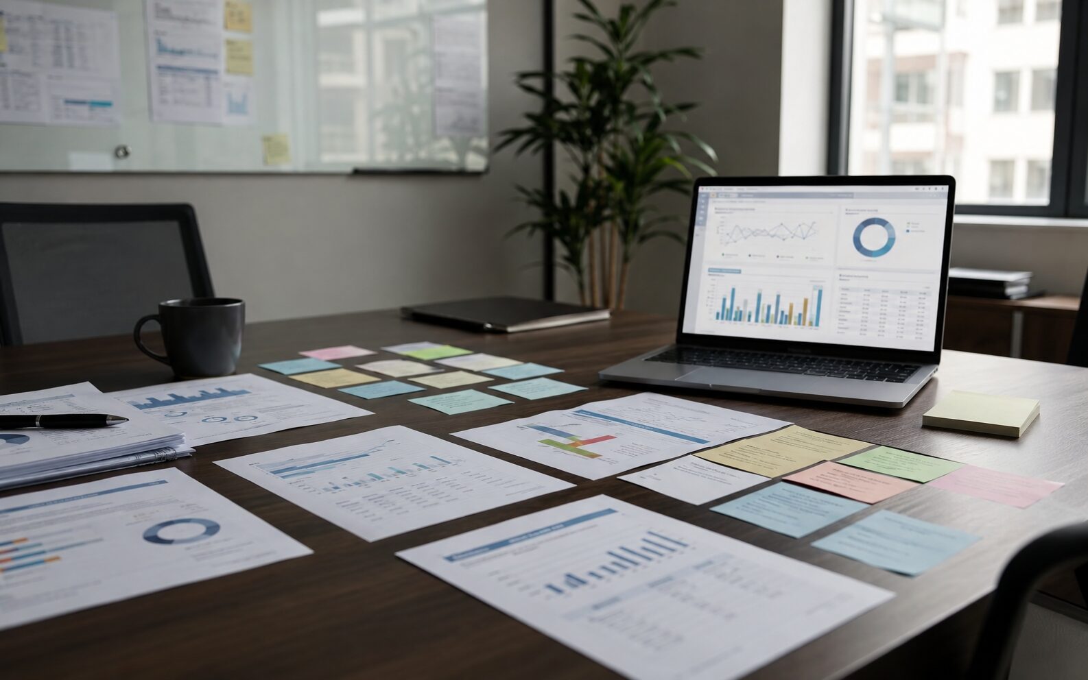 Réunion de pilotage des achats médias recrutement dans une organisation multi-sites avec tableau de bord RH.