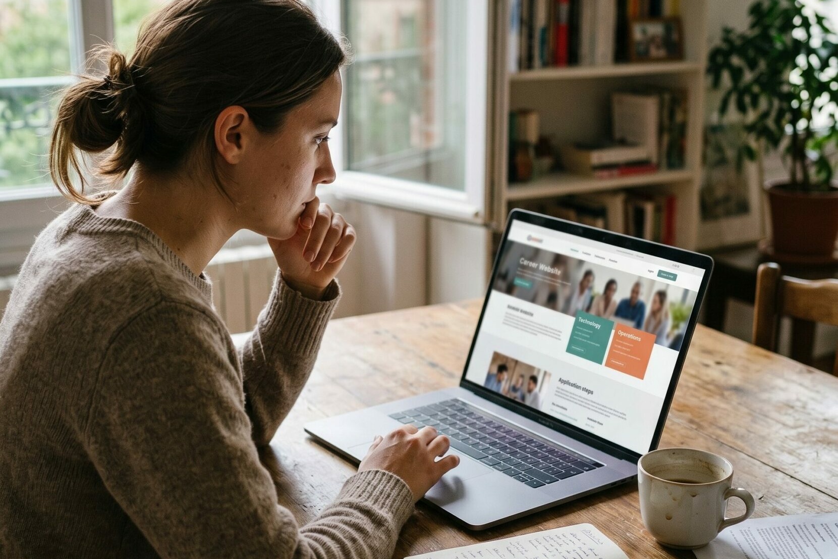 Candidat consultant depuis son domicile un site carrière associant contenus métiers, preuves employeur et offres d'emploi.