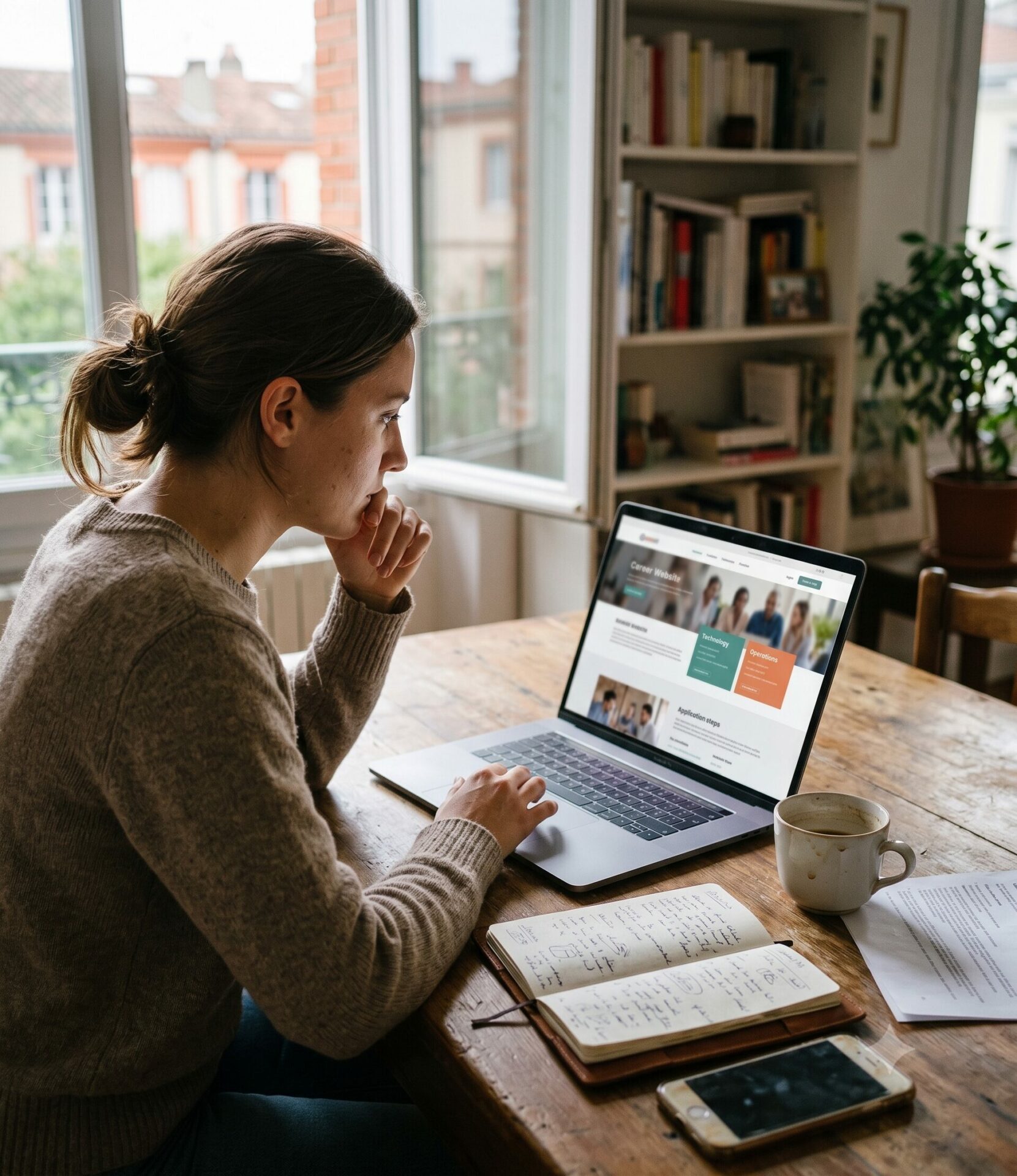 Candidat consultant depuis son domicile un site carrière associant contenus métiers, preuves employeur et offres d'emploi.
