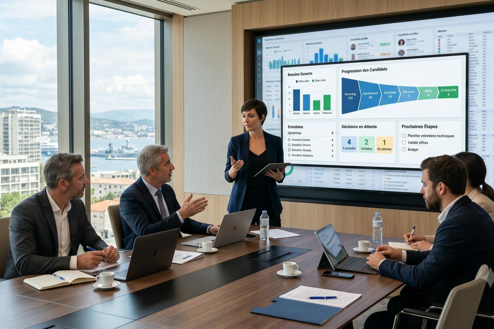 Recruteurs et managers partageant des indicateurs simples pour piloter les recrutements et les décisions en attente.