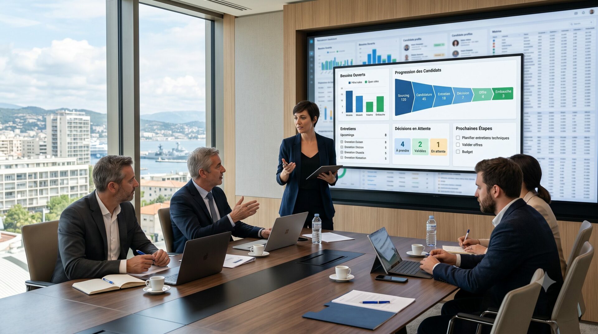 Recruteurs et managers partageant des indicateurs simples pour piloter les recrutements et les décisions en attente.