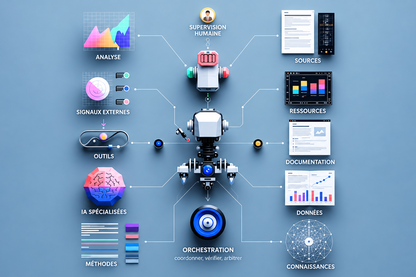 Plusieurs intelligences artificielles spécialisées reliées entre elles et à des sources de données, sous la supervision d'une décision humaine.