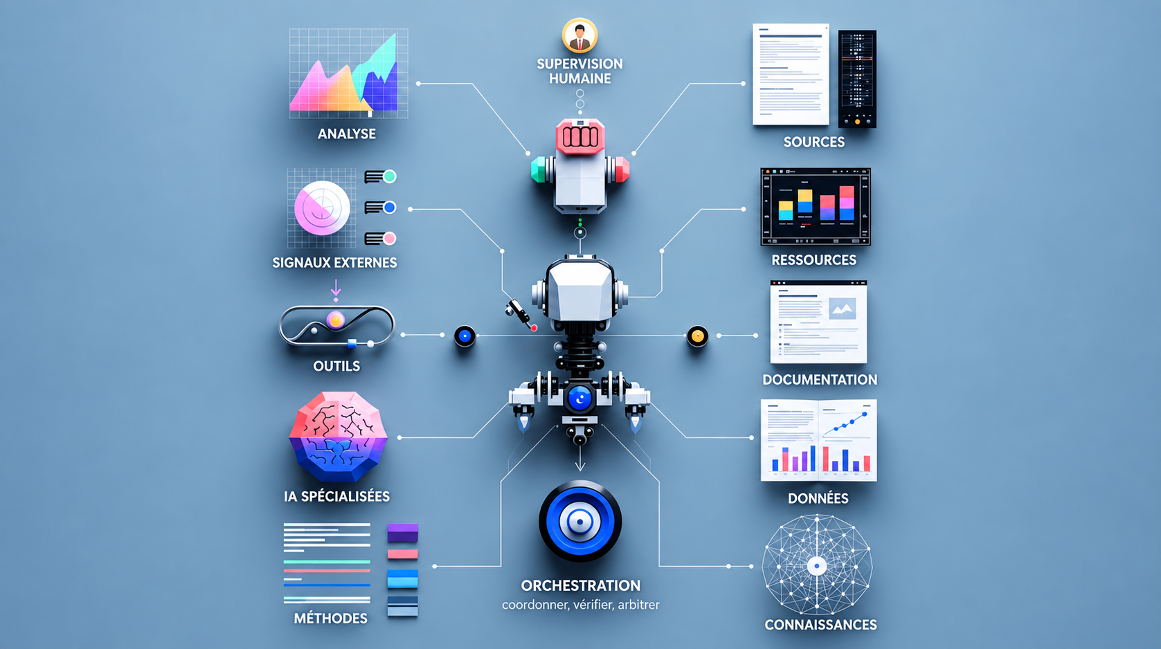 Plusieurs intelligences artificielles spécialisées reliées entre elles et à des sources de données, sous la supervision d'une décision humaine.
