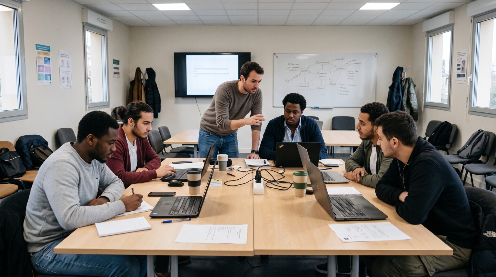 Alternants et formateur échangent lors d’un atelier pratique sur LinkedIn et l’intelligence artificielle