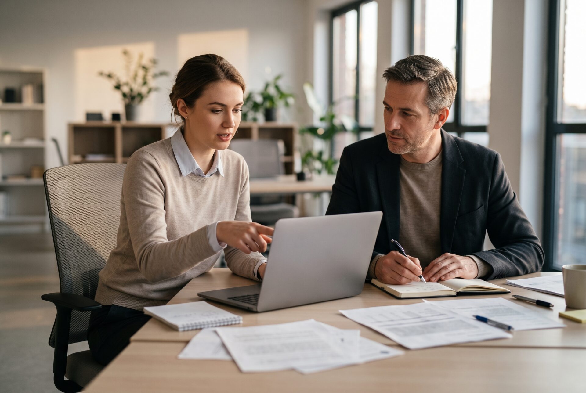 Une jeune collaboratrice et un professionnel expérimenté analysent ensemble un travail sur ordinateur dans un bureau