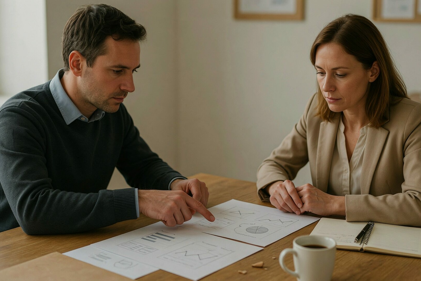Deux responsables RH analysent des courbes d’offres d’emploi imprimées autour d’une table de réunion