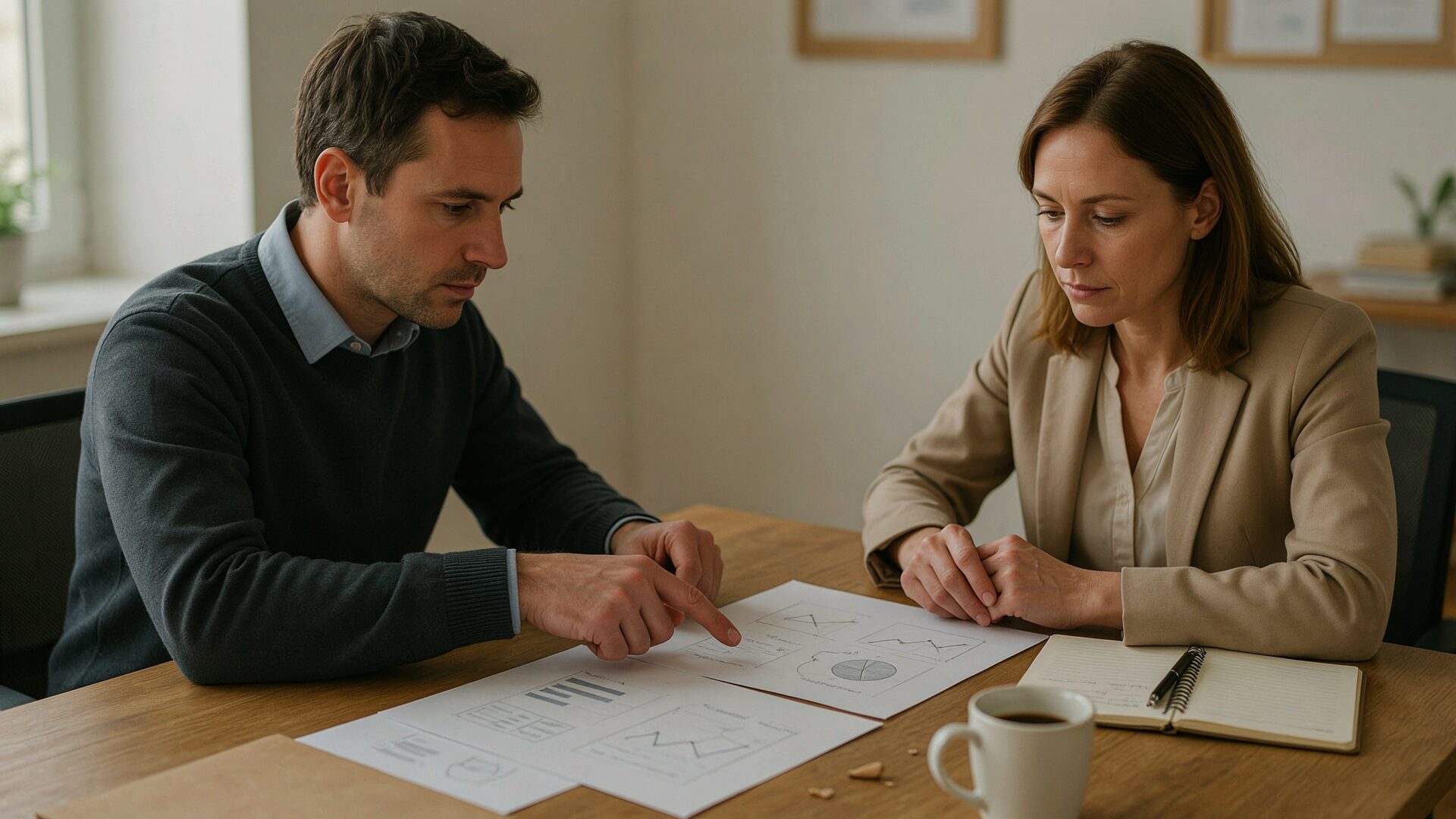 Deux responsables RH analysent des courbes d’offres d’emploi imprimées autour d’une table de réunion